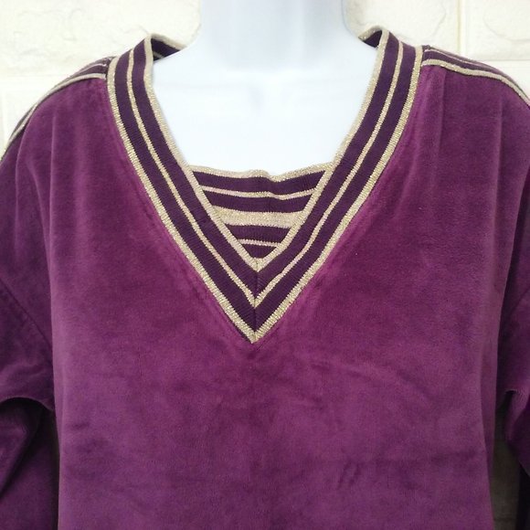 Vintage 90s Velour Loungewear Dress Pop-On Robe -S/M Metallic V-Neck Pockets - Picture 4 of 10